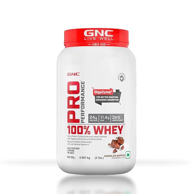 GNC Pro Performance 100% Whey Protein | 2 lbs | Muscle Growth | Muscle Recovery | DigeZyme For Easy Digestion | Informed Choice Certified | 24g Protein | 5.5g BCAA | Chocolate Supreme
